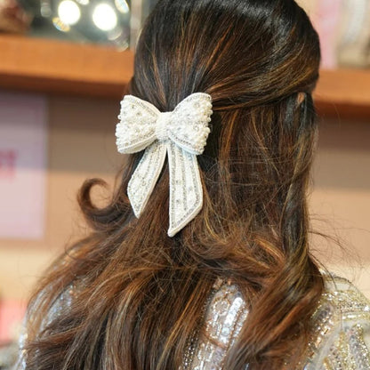 Radiant Crystal Bow Hair Barrette - Silver Sparkle