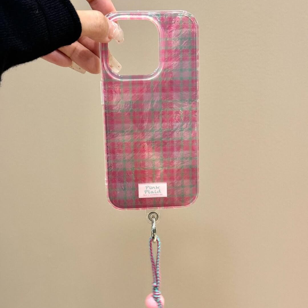 Trendy Plaid Phone Case with Charm Strap