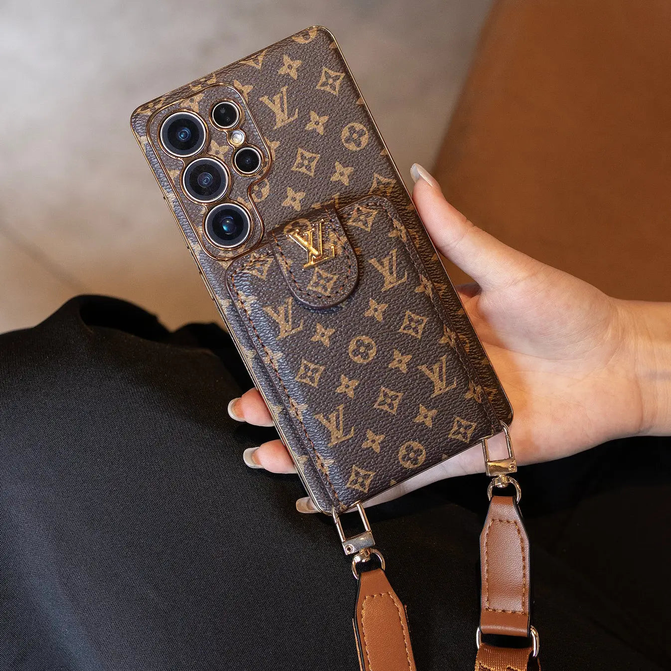 Luxury Monogram Leather Case With Wrist Strap
