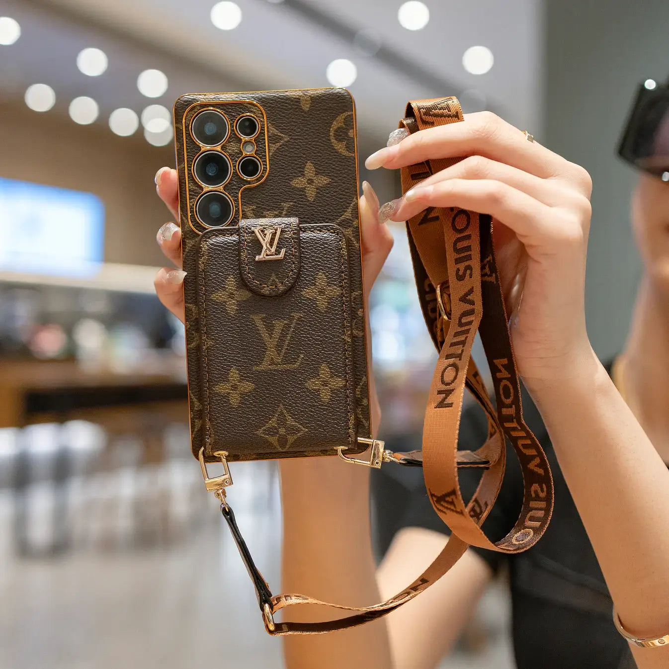 Luxury Monogram Leather Case With Wrist Strap