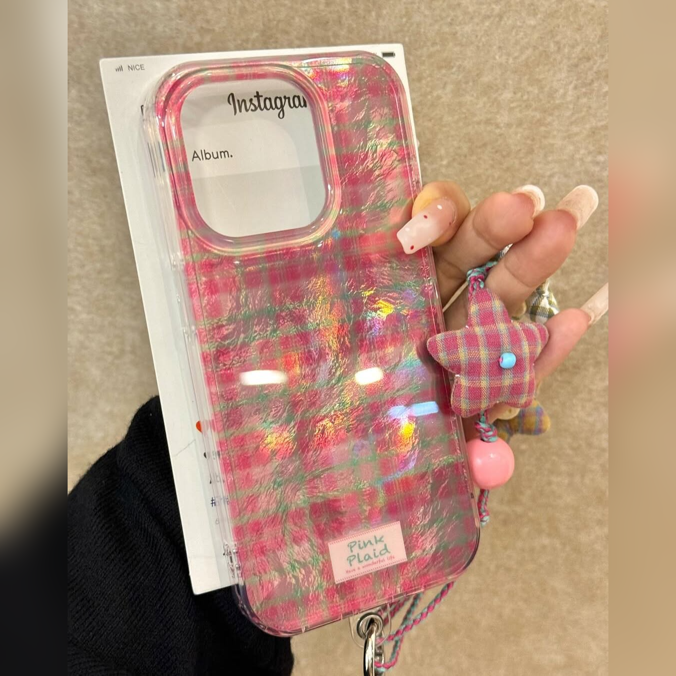 Trendy Plaid Phone Case with Charm Strap