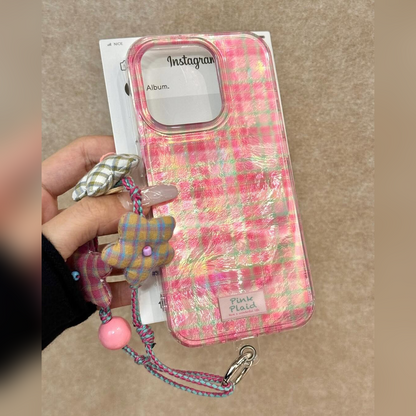 Trendy Plaid Phone Case with Charm Strap