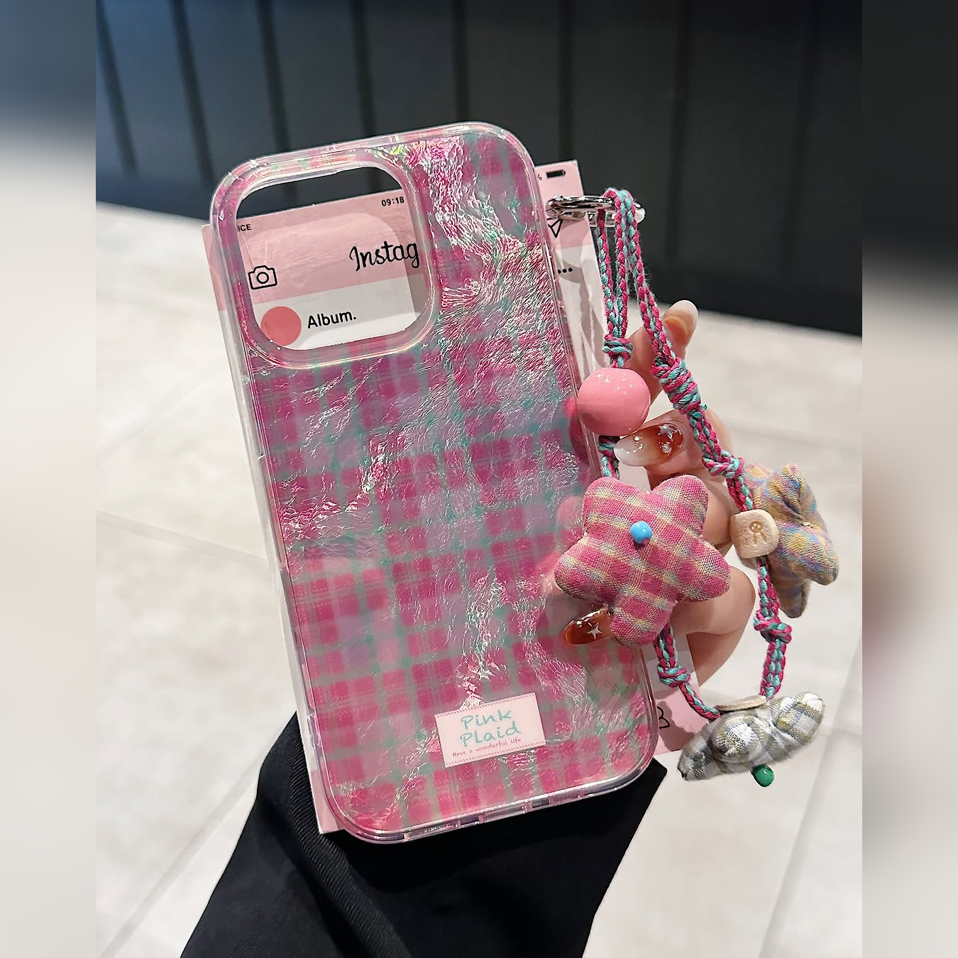 Trendy Plaid Phone Case with Charm Strap