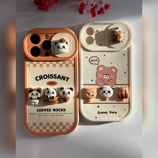 3D Panda Café Croissant & Coffee Charm Case