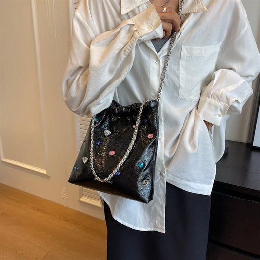 Diamond Crossbody Leather Bucket Bag