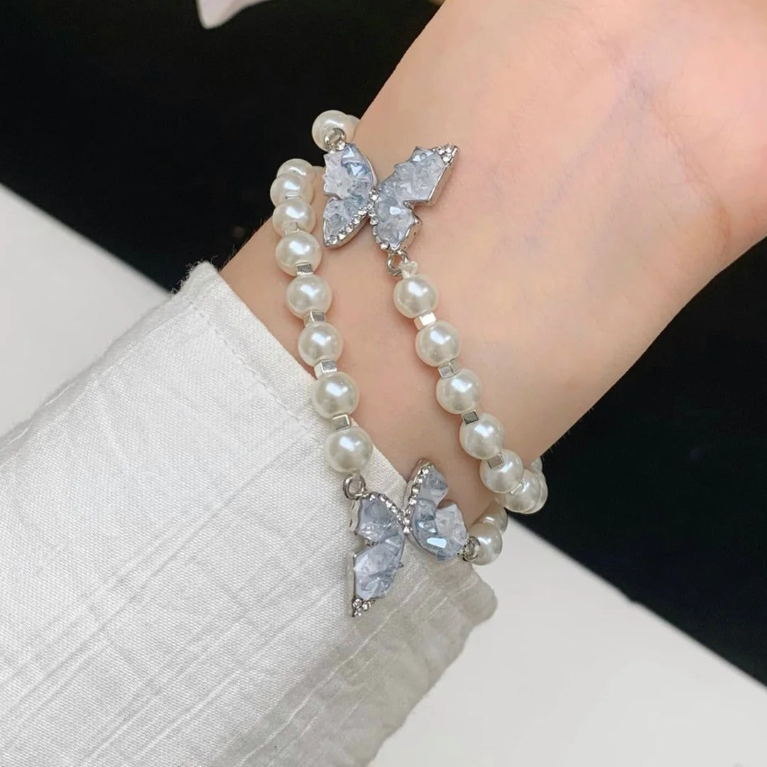 Feminine Pearl Butterfly Charm Watch Strap