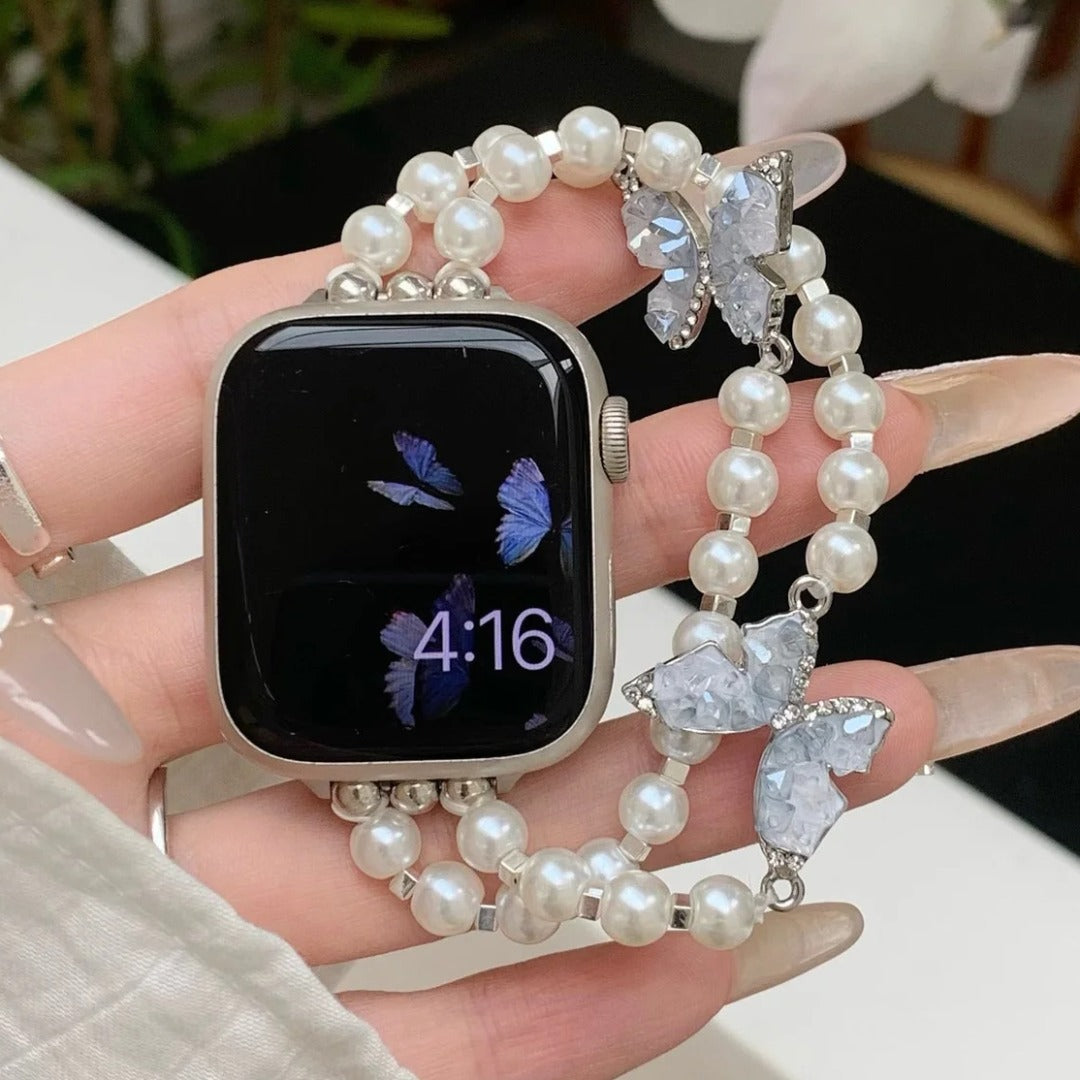Feminine Pearl Butterfly Charm Watch Strap