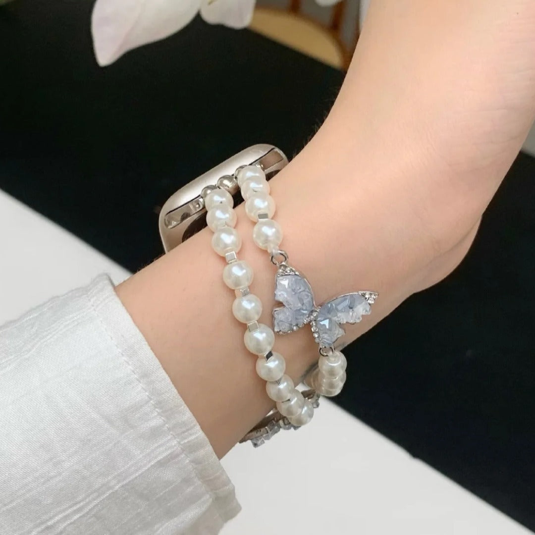 Feminine Pearl Butterfly Charm Watch Strap