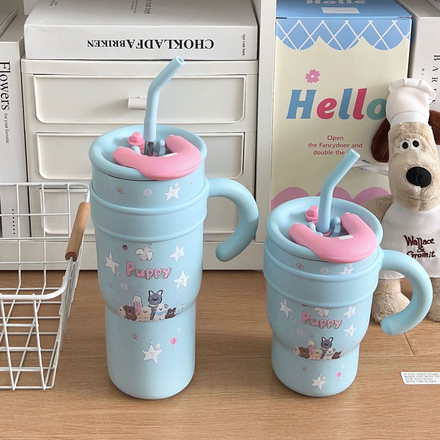 Cute Puppy Large Water Cup with Straw