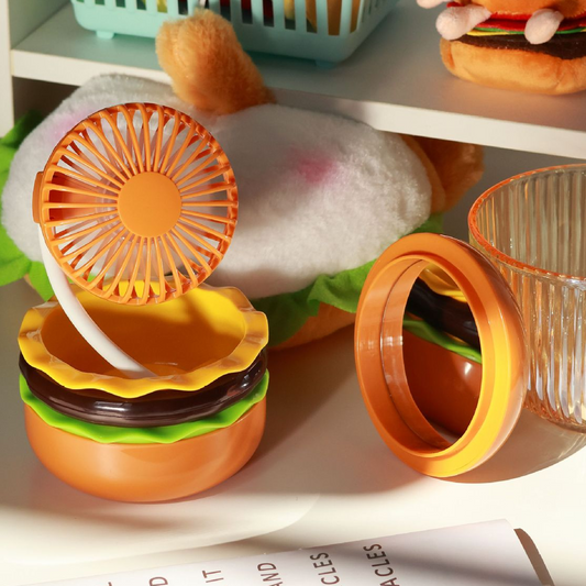 Cartoon Burger Desktop Mini Fan With Mirror