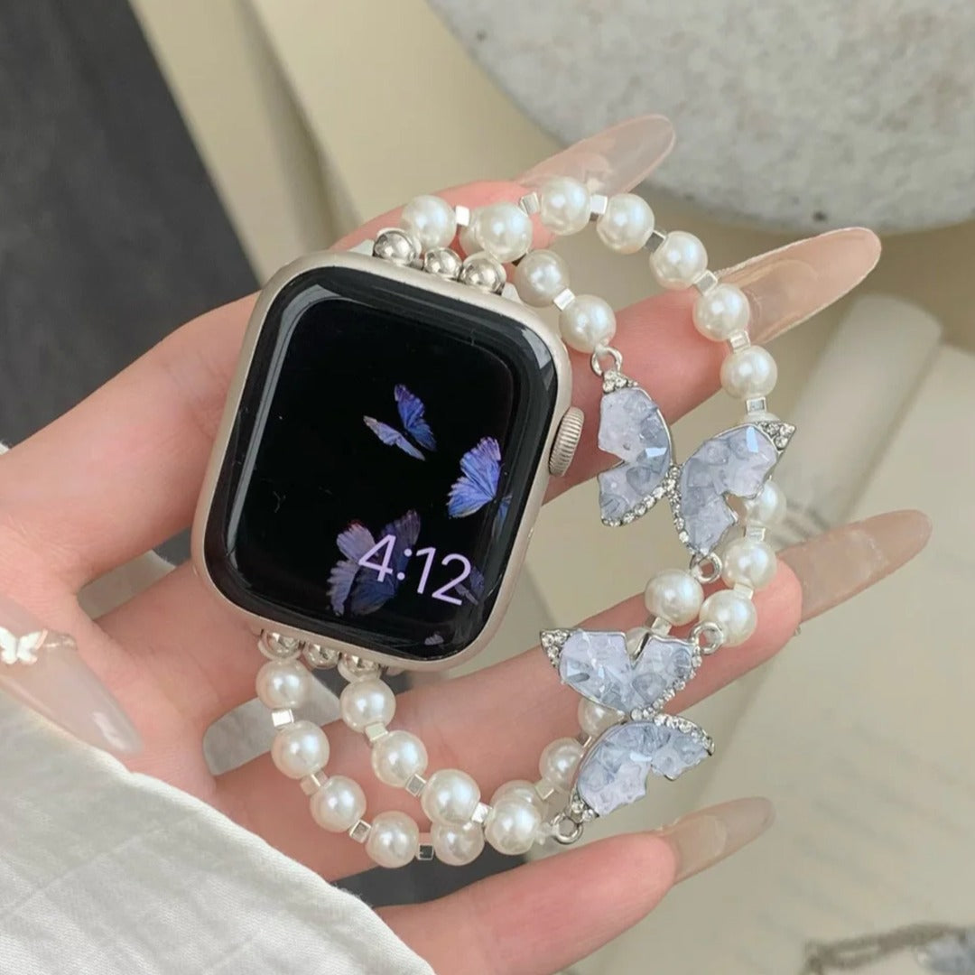 Feminine Pearl Butterfly Charm Watch Strap