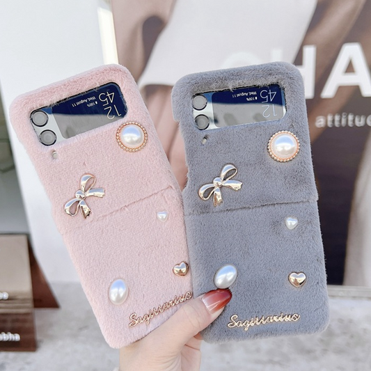 Luxury Blush Velvet Bow & Pearl Case