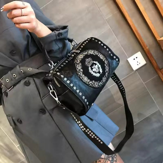 Crown Motif Vintage-Style Leather Bag