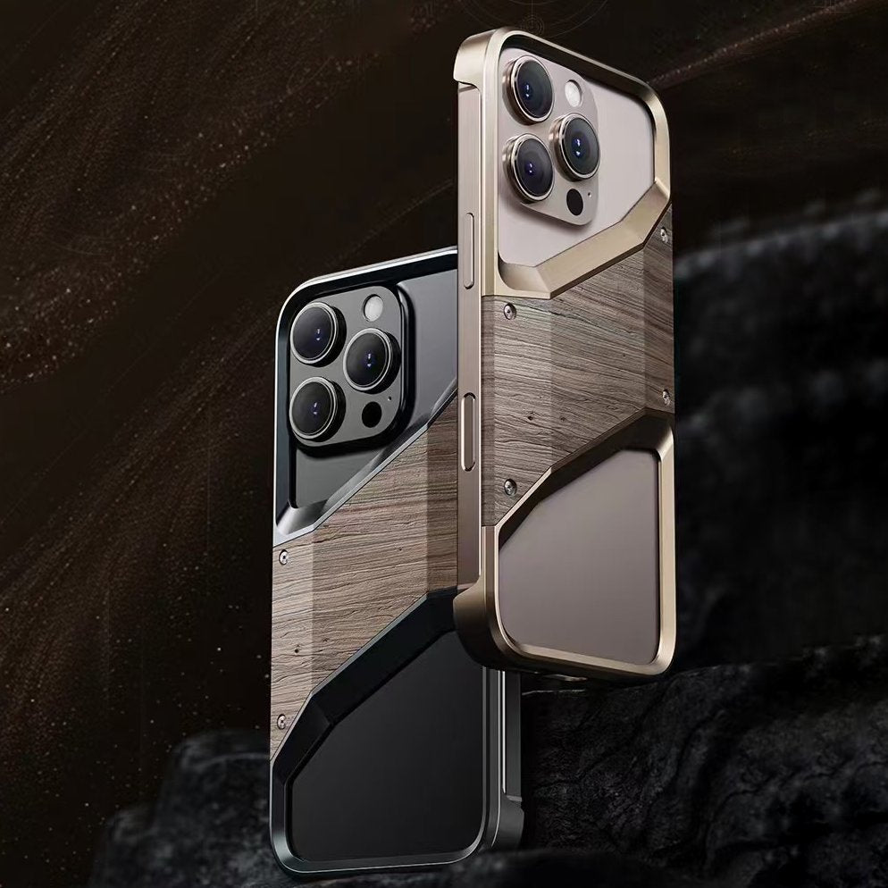 Rugged Wood Grain Metallic Armor Case - iPhone