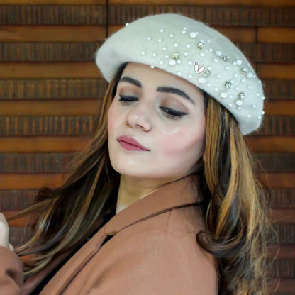 Elegant Beaded White Beret