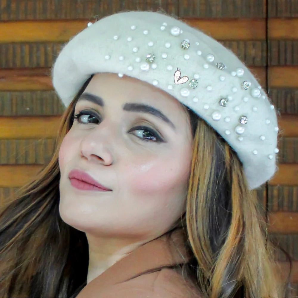 Elegant Beaded White Beret