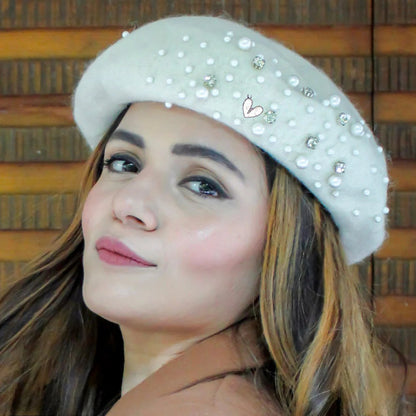 Elegant Beaded White Beret