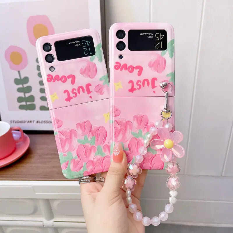 Chic Floral Foldable Case with Beaded Bracelet - Samsung
