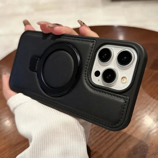 Slick Leather Stitched Ring Stand Case - iPhone