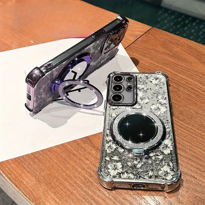 Bloom Glitter Mirror Stand Case With Charm - Samsung