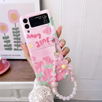 Chic Floral Foldable Case with Beaded Bracelet - Samsung