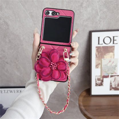 Luxury Leather Flower Design Case With Strap - Samsung