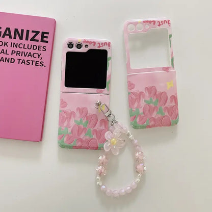 Chic Floral Foldable Case with Beaded Bracelet - Samsung