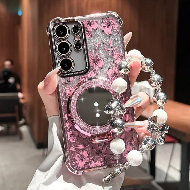 Bloom Glitter Mirror Stand Case With Charm - Samsung