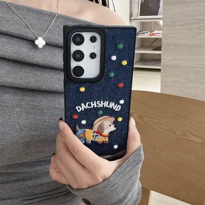 Denim Dachshund Embroidered Phone Case - Samsung