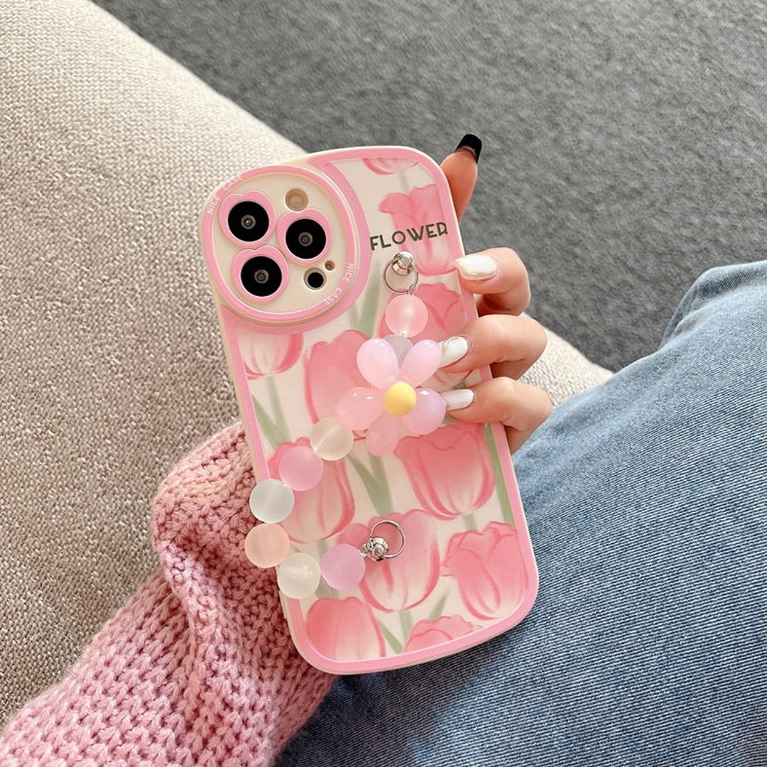 3D Blossom Pattern Case with Charm Strap