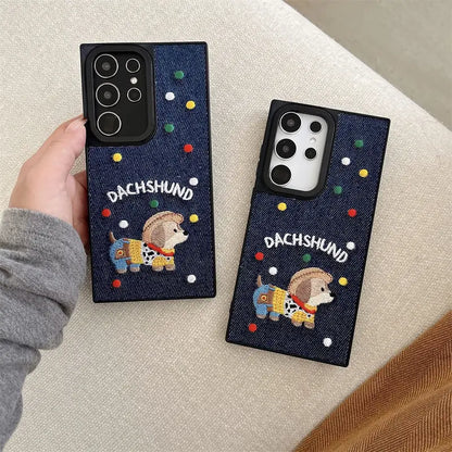 Denim Dachshund Embroidered Phone Case - Samsung