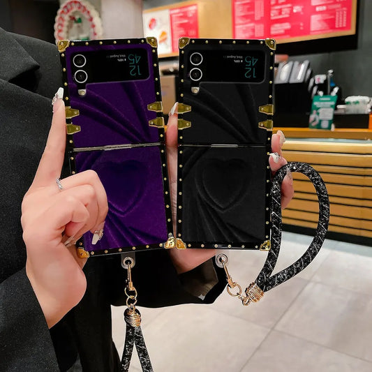 Fuzzy Heart Plating Case With Strap - Samsung