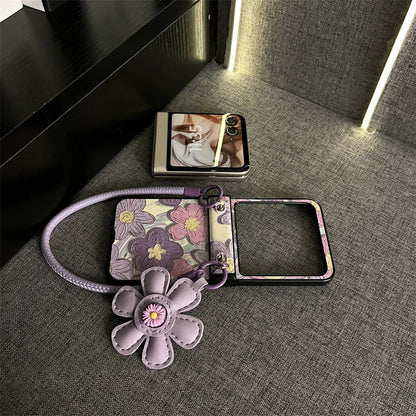 Galaxy Z Flip Series Classic Leather Crossbody Flower Case