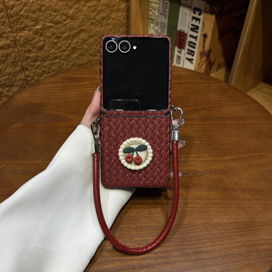 Galaxy Z Flip Series Cottagecore Cherry Woven Texture Strap Case