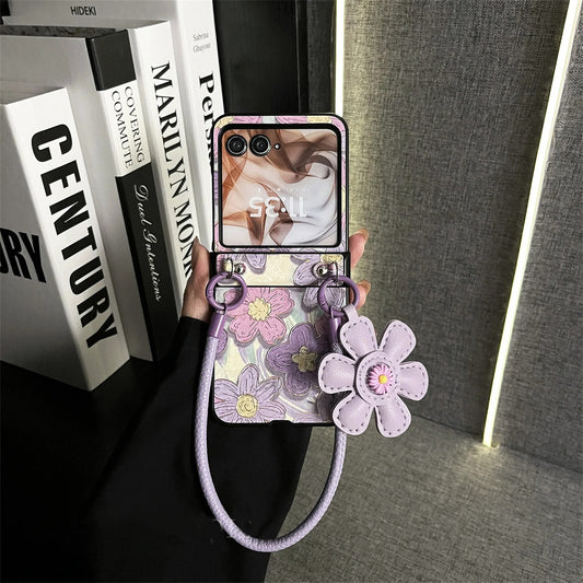 Galaxy Z Flip Series Classic Leather Crossbody Flower Case