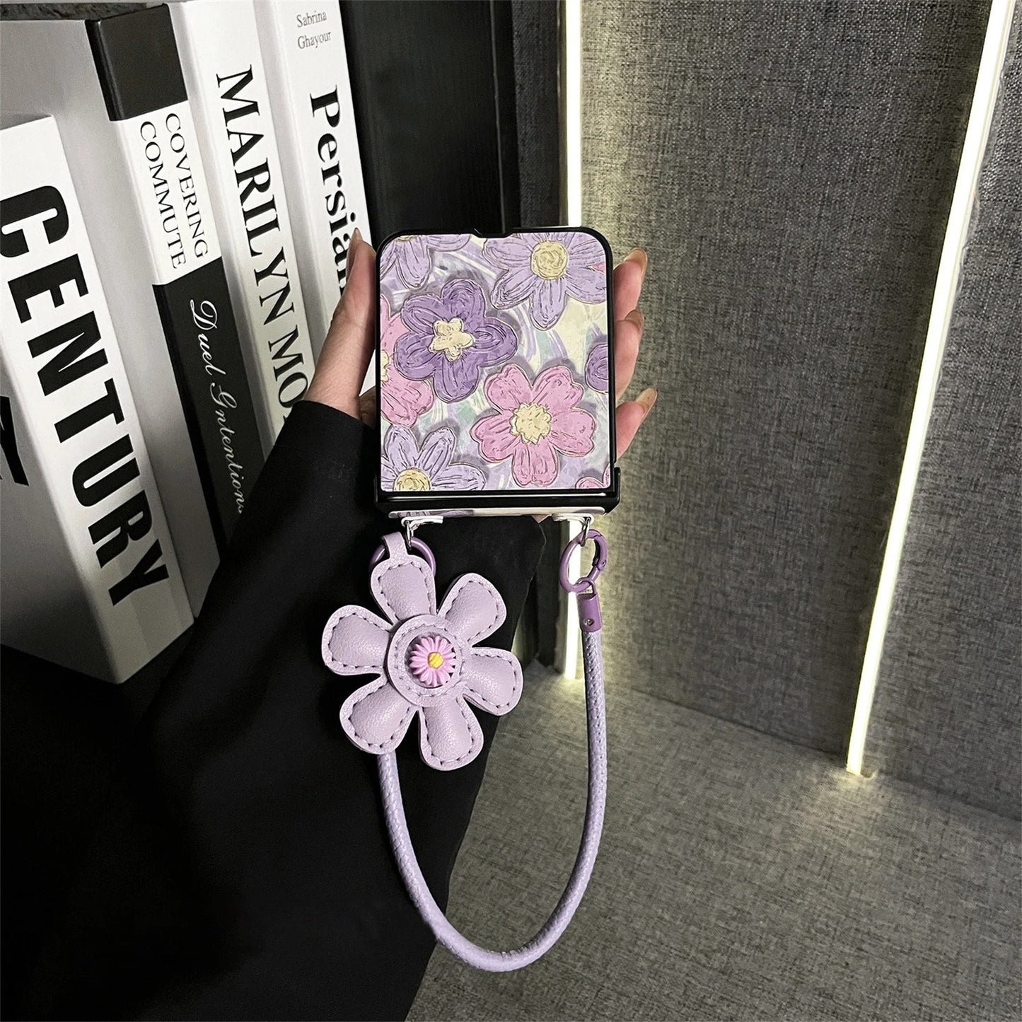 Galaxy Z Flip Series Classic Leather Crossbody Flower Case