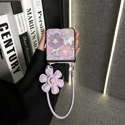 Galaxy Z Flip Series Classic Leather Crossbody Flower Case