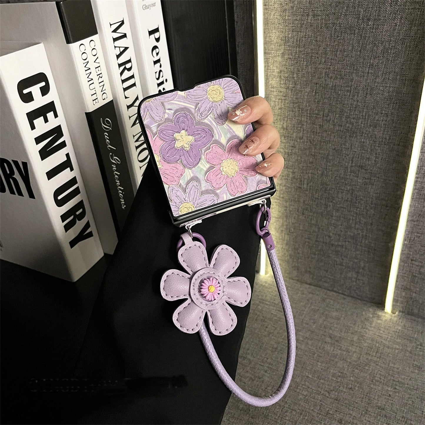 Galaxy Z Flip Series Classic Leather Crossbody Flower Case