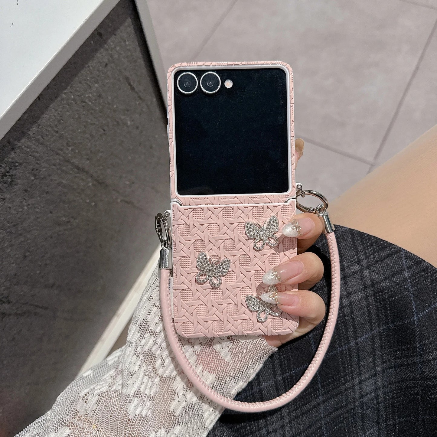 Galaxy Z Flip Series Textured Butterfly Wristlet Fashion Case