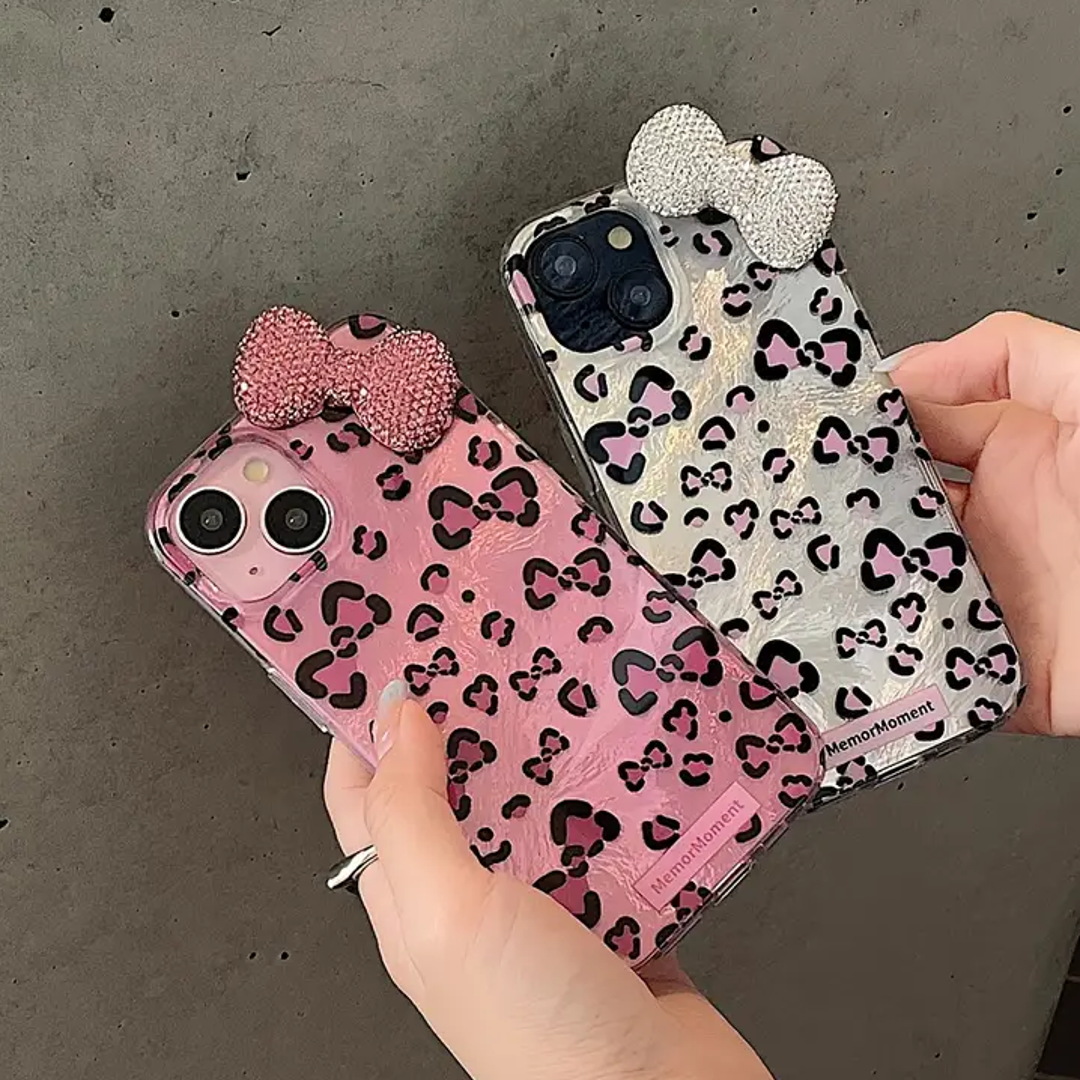 Pink Leopard Print Sparkly Bow Case