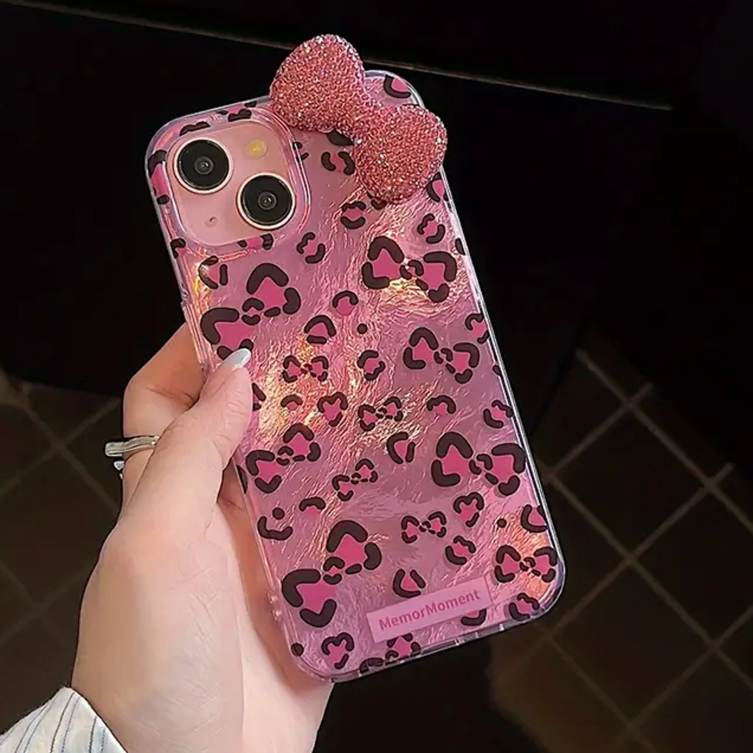 Pink Leopard Print Sparkly Bow Case