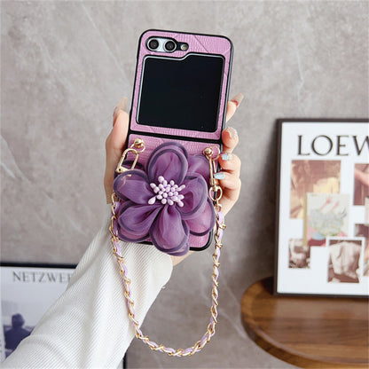 Luxury Leather Flower Design Case With Strap - Samsung