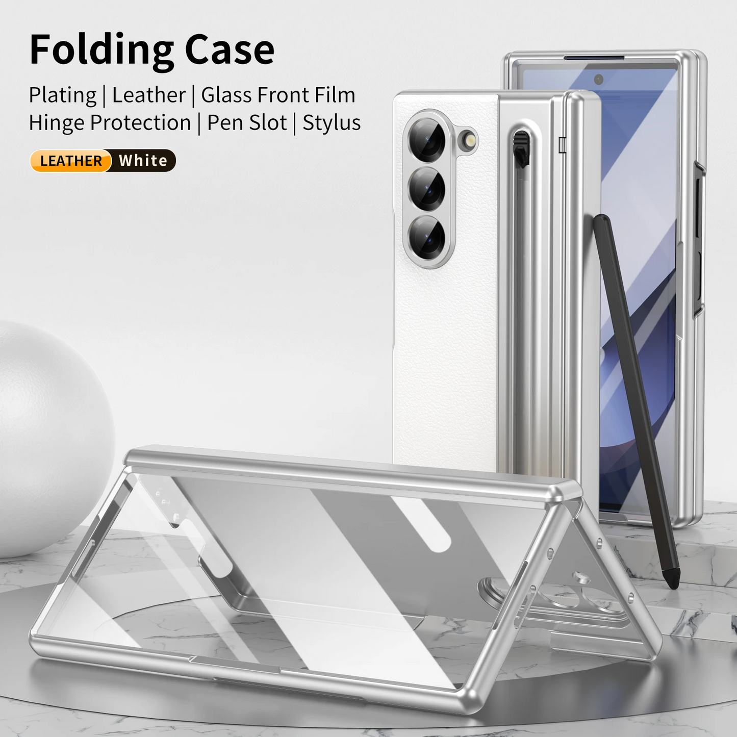 Galaxy Z Fold6 Plating Leather Case with Pen Slot & Hinge Protection